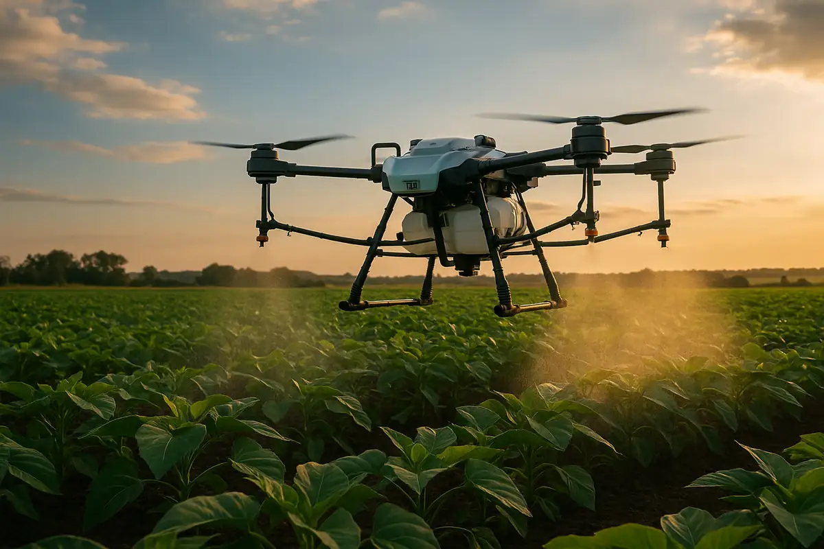 Drone DJI Agras T50 aplicando defensivo em pomar